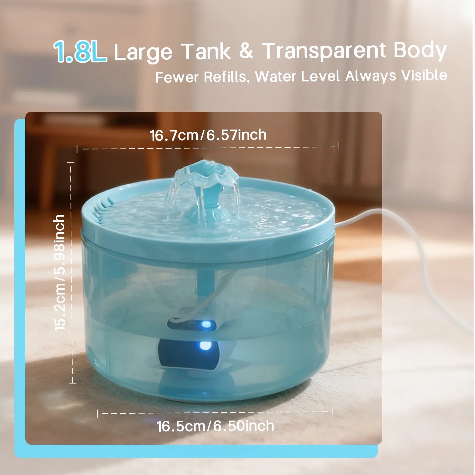 Cat Water Fountain, 1.8L/60.87oz, Ice Blue Lighting, Ultra-Quiet, with Filter - Suitable for Cats and Small Dogs
